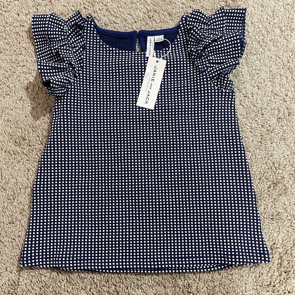 Janie and Jack Girls Size 7 Navy Gingham Ruffle Sleeve Top NWT New Short Sleeve